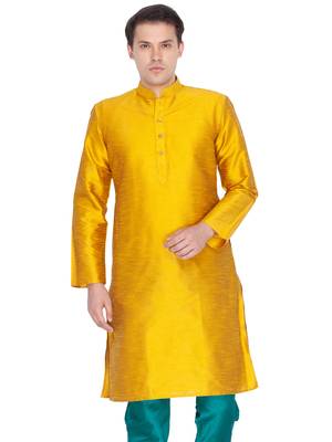 Men Gold Cotton Silk Only Kurta 1