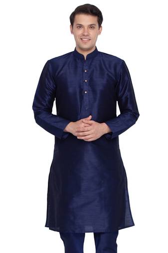 Men Navy Blue Cotton Silk Only Kurta