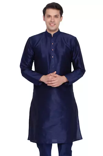 Men Navy Blue Cotton Silk Only Kurta