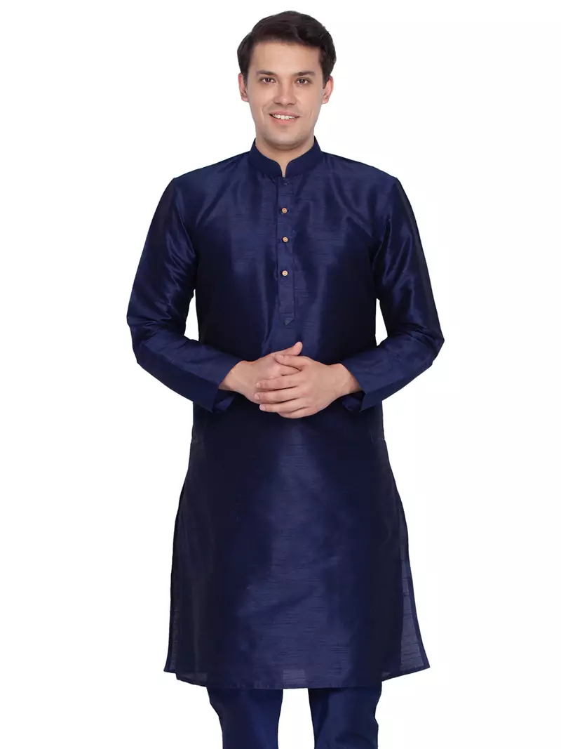 Men Navy Blue Cotton Silk Only Kurta