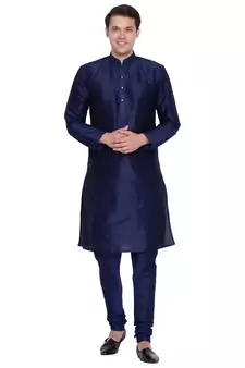 Men Navy Blue Cotton Silk Only Kurta