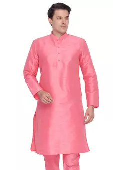 Men Pink Cotton Silk Only Kurta