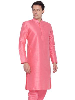 Men Pink Cotton Silk Only Kurta 2