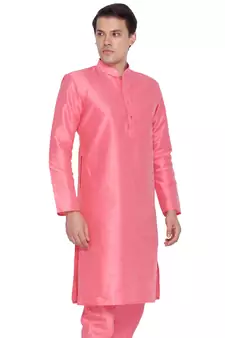 Men Pink Cotton Silk Only Kurta