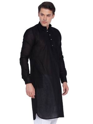 Men Black Linen Pathani Style Kurta 2