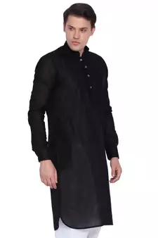 Men Black Linen Pathani Style Kurta