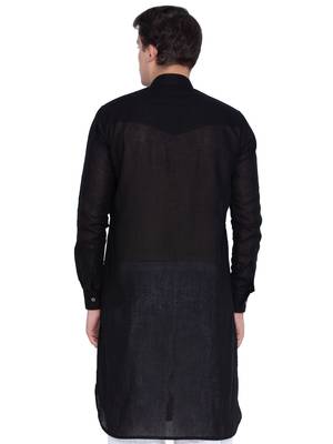 Men Black Linen Pathani Style Kurta 4