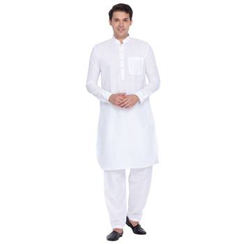 Men White Linen Pathani Style Kurta 5