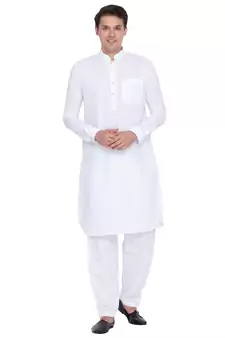 Men White Linen Pathani Style Kurta