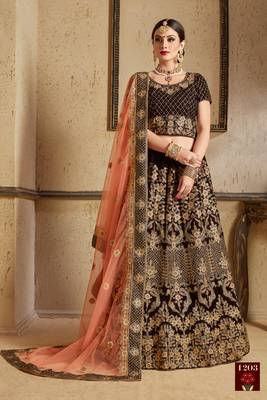 Maroon Thread Embroidery Velvet Semi Stitched bridal lehenga 1