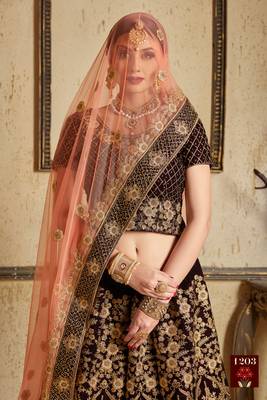 Maroon Thread Embroidery Velvet Semi Stitched bridal lehenga 2