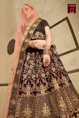 Maroon Thread Embroidery Velvet Semi Stitched bridal lehenga 3