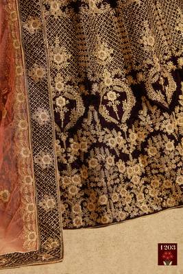 Maroon Thread Embroidery Velvet Semi Stitched bridal lehenga 4