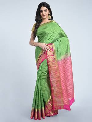 Olive green woven tussar silk saree with blouse 2
