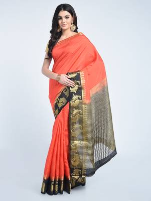 Red woven tussar silk saree with blouse 2