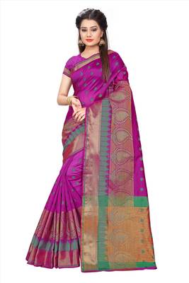 Purple woven poly cotton saree with blouse 1