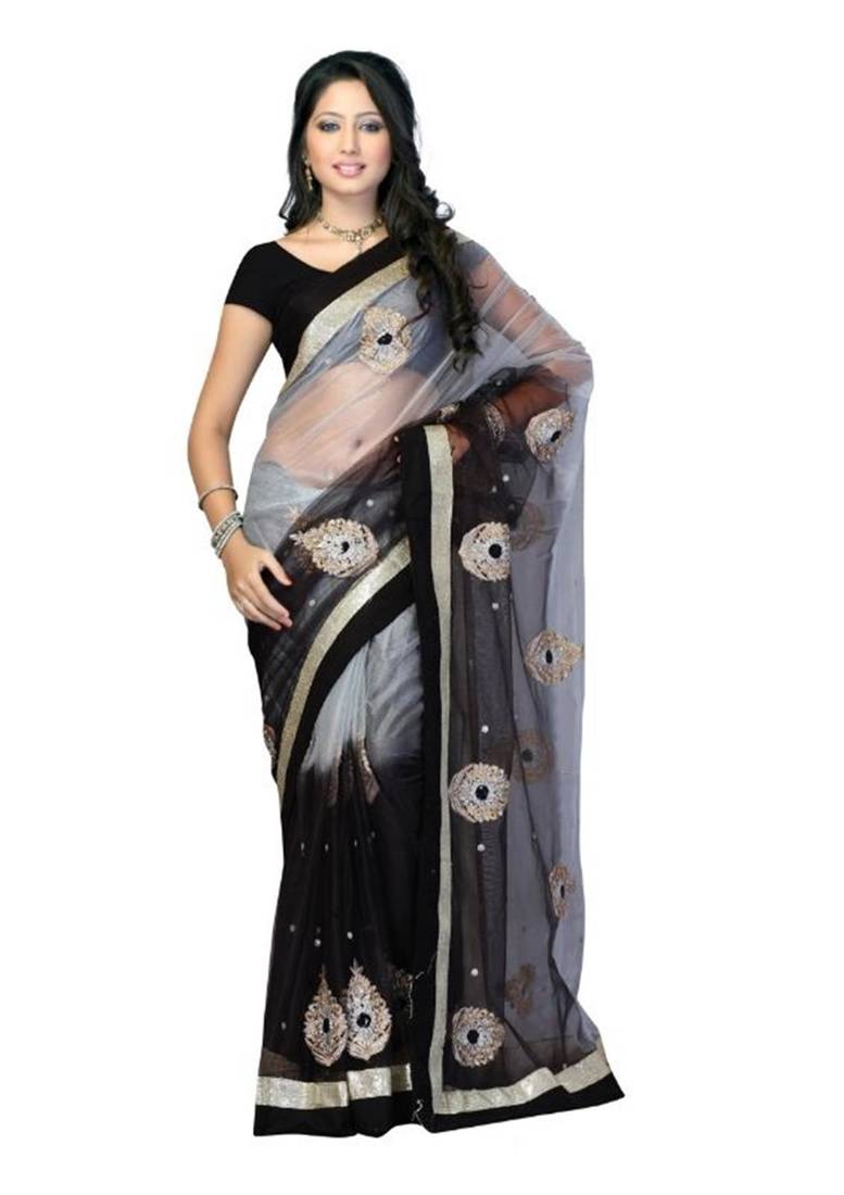 Women's Net Black Embroidered Designer Saree With Blouse Piece