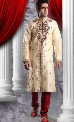 Gold Embroidered Art Dupion Silk Mens Kurta Pajama 1