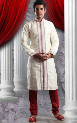 Cream Embroidered Art Dupion Silk Mens Kurta Pajama 1