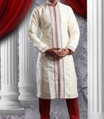 Cream Embroidered Art Dupion Silk Mens Kurta Pajama