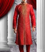 Marron Embroidered Art Dupion Silk Mens Kurta Pajama