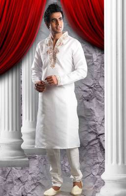 Off White Embroidered Synthetic Mens Kurta Pajama 1