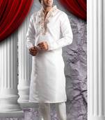Off White Embroidered Synthetic Mens Kurta Pajama
