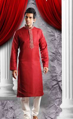 Reddish Marron Embroidered Synthetic Mens Kurta Pajama 1