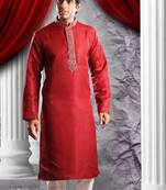 Reddish Marron Embroidered Synthetic Mens Kurta Pajama