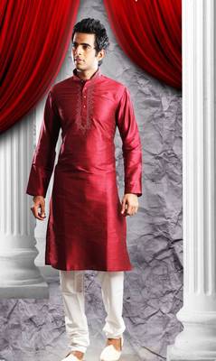 Maroon Embroidered Art Dupion Silk Mens Kurta Pajama 1