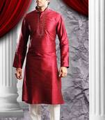 Maroon Embroidered Art Dupion Silk Mens Kurta Pajama