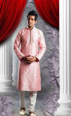 Pink Embroidered Art Dupion Silk Mens Kurta Pajama 1