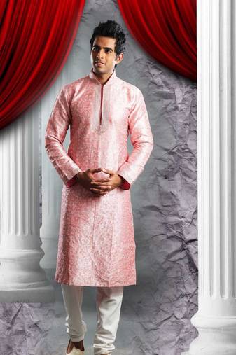 Pink Embroidered Art Dupion Silk Mens Kurta Pajama