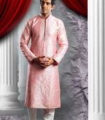 Pink Embroidered Art Dupion Silk Mens Kurta Pajama