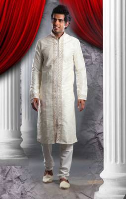 Cream Embroidered Art Dupion Silk Mens Kurta Pajama 1