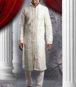Cream Embroidered Art Dupion Silk Mens Kurta Pajama