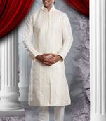 Cream Embroidered Art Dupion Silk Mens Kurta Pajama