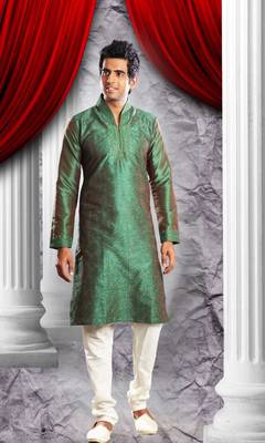 Green Embroidered Art Dupion Silk Mens Kurta Pajama 1