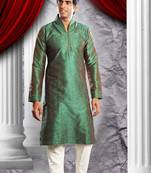 Green Embroidered Art Dupion Silk Mens Kurta Pajama