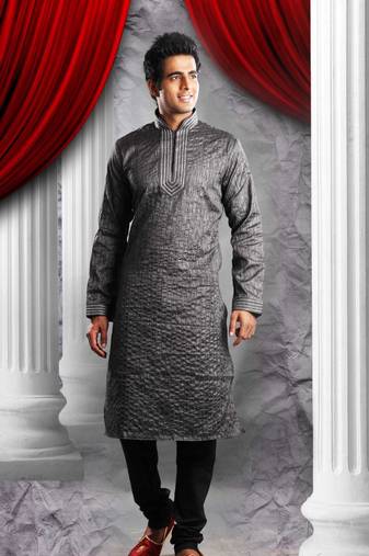 Black Embroidered Synthetic Mens Kurta Pajama