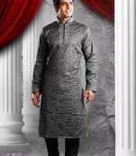 Black Embroidered Synthetic Mens Kurta Pajama