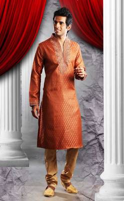Rust Embroidered Jacquard Mens Kurta Pajama 1