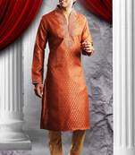 Rust Embroidered Jacquard Mens Kurta Pajama