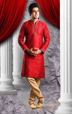 Reddish Marron Embroidered Art Dupion Silk Mens Kurta Pajama 1
