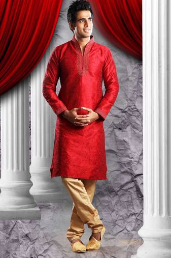 Reddish Marron Embroidered Art Dupion Silk Mens Kurta Pajama