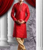 Reddish Marron Embroidered Art Dupion Silk Mens Kurta Pajama
