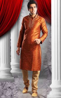 Rust Embroidered Art Dupion Silk Mens Kurta Pajama 1