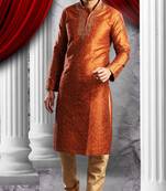 Rust Embroidered Art Dupion Silk Mens Kurta Pajama
