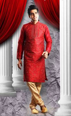 Reddish Marron Embroidered Art Dupion Silk Mens Kurta Pajama 1