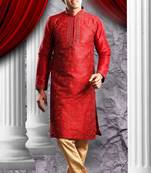 Reddish Marron Embroidered Art Dupion Silk Mens Kurta Pajama